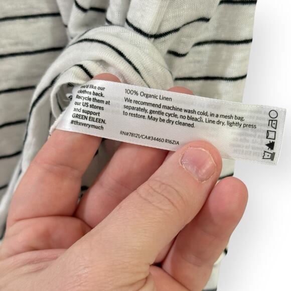 Eileen Fisher Black White Stripe 100% Organic Linen V Neck Top Small Long Sleeve - Picture 4 of 7